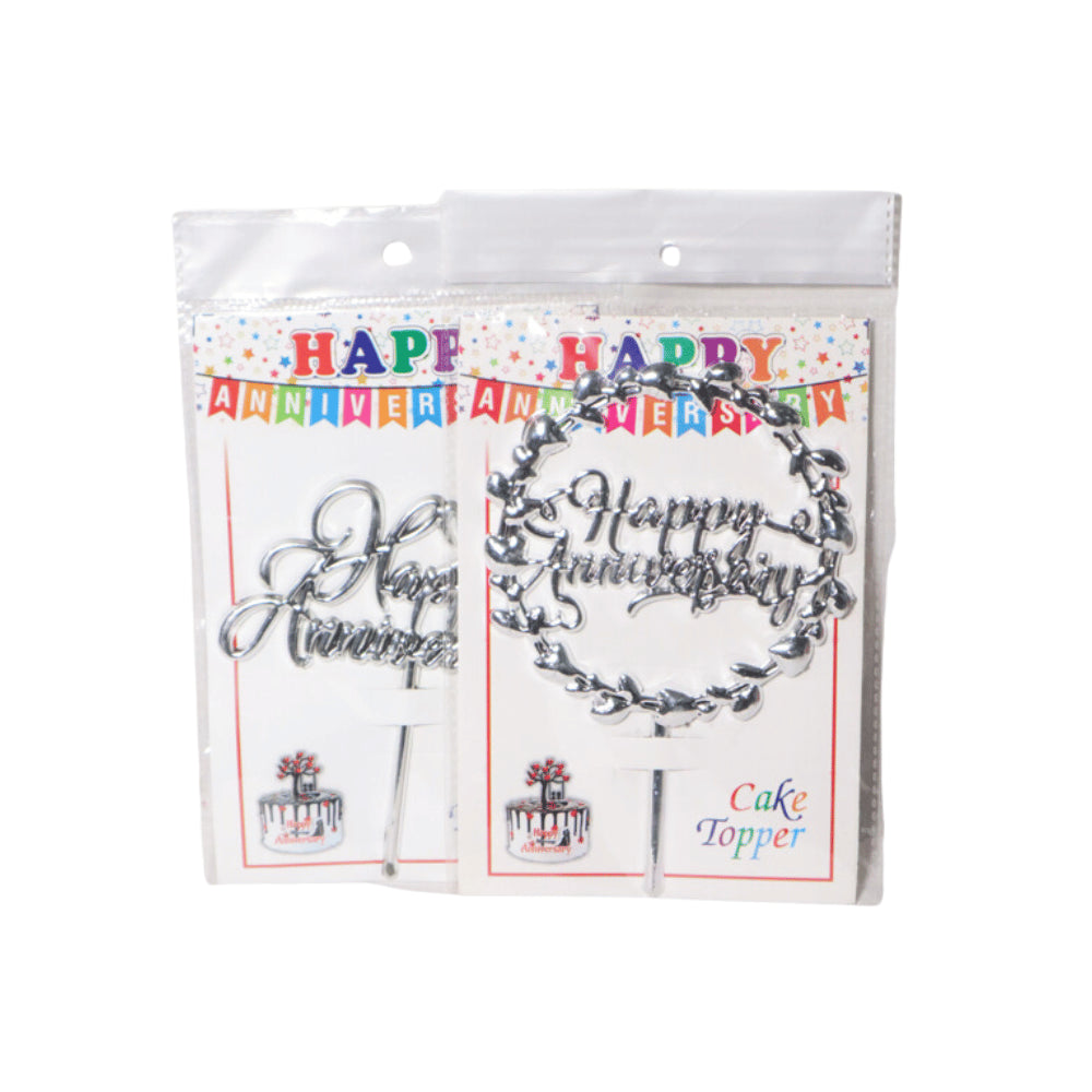 HAPPY ANNIVERSARY CAKE TOPPER SILVER