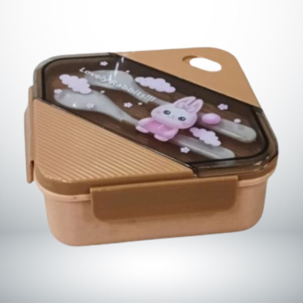 LOVELY RABBITS SQUARE LUNCH BOX WITH PARTITION SPOON AND FORK