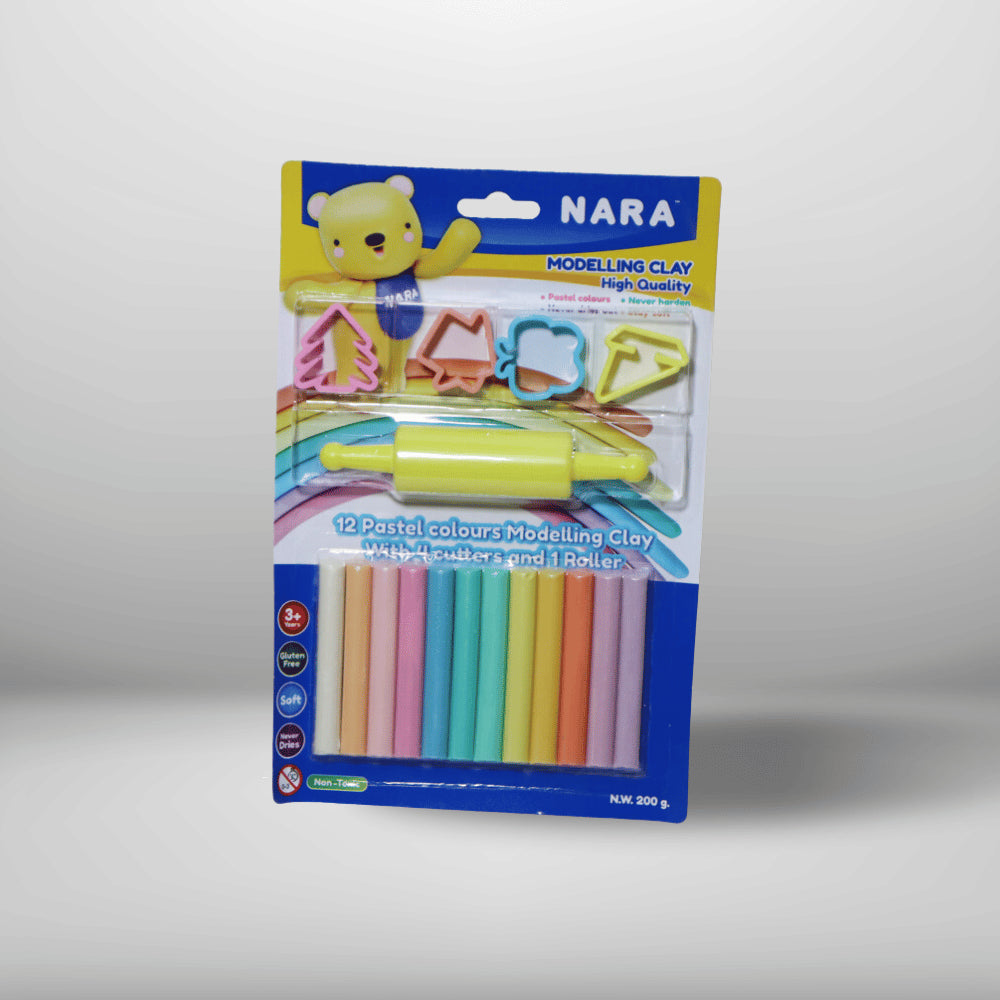 NARA CLAY 12 PASTEL COLORS MODELING CLAY, WITH 4 MOLDS + 1 ROLLER, ST-200-12+4SM/R