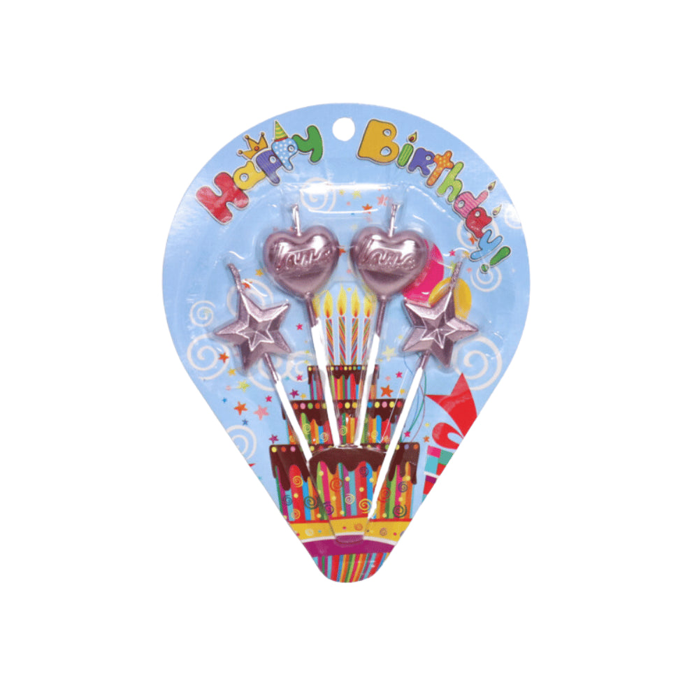HAPPY BIRTHDAY HEART AND STAR CANDLES STICKS 4 PCS