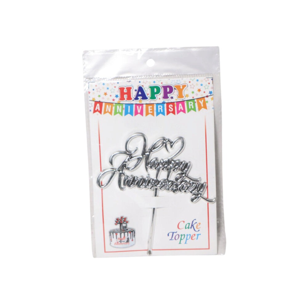 HAPPY ANNIVERSARY CAKE TOPPER SILVER