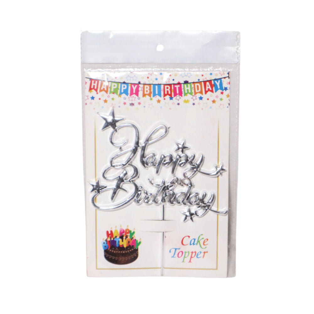 HAPPY BIRTHDAY CAKE TOPPER SILVER