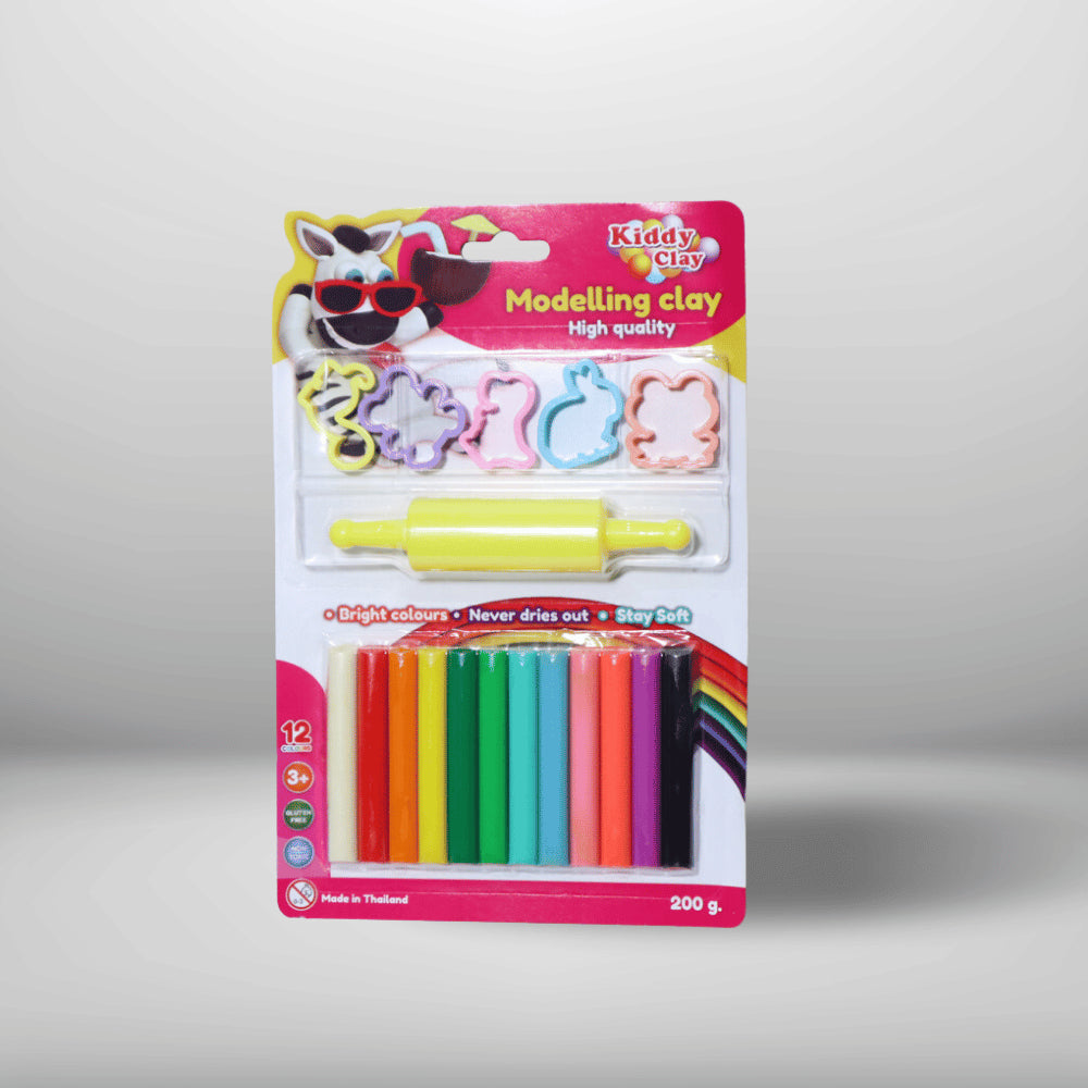 KIDDY CLAY 12 COLORS MODELING CLAY, WITH 5 MOLDS + 1 ROLLER, ST-200-12+5SM/R