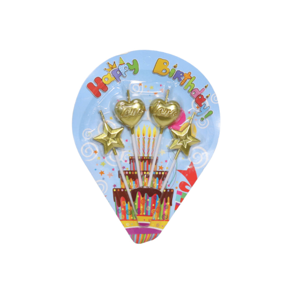 HAPPY BIRTHDAY HEART AND STAR CANDLES STICKS 4 PCS