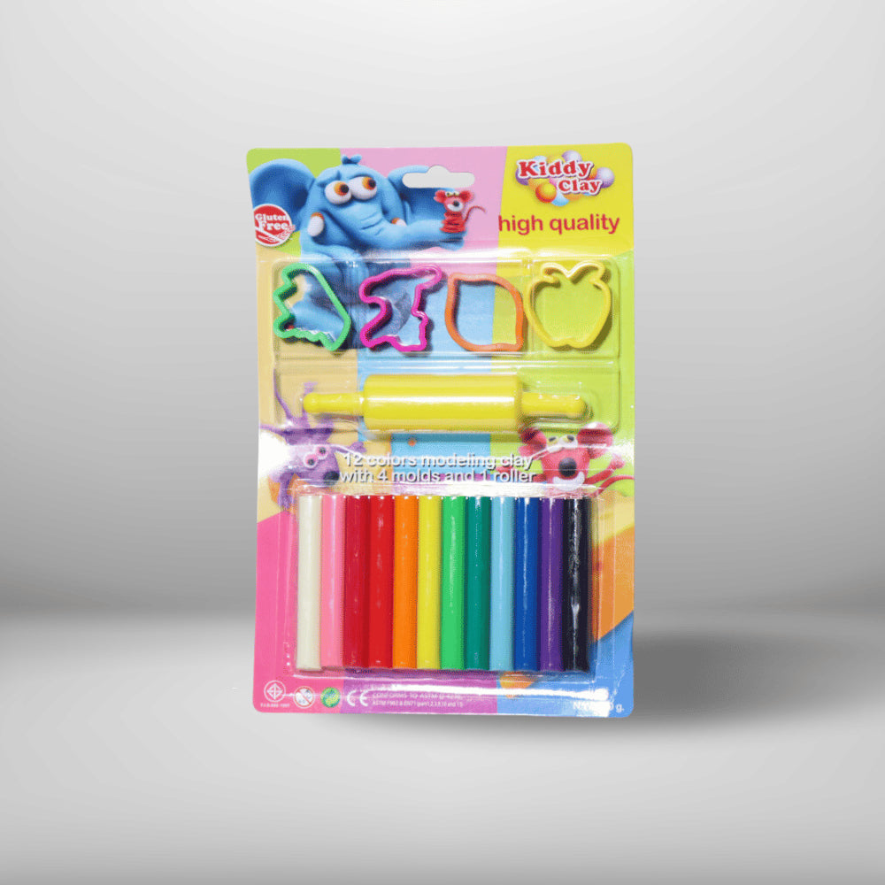 KIDDY CLAY 12 COLORS MODELING CLAY, WITH 4 MOLDS + 1 ROLLER, ST-200-12+4SM/R