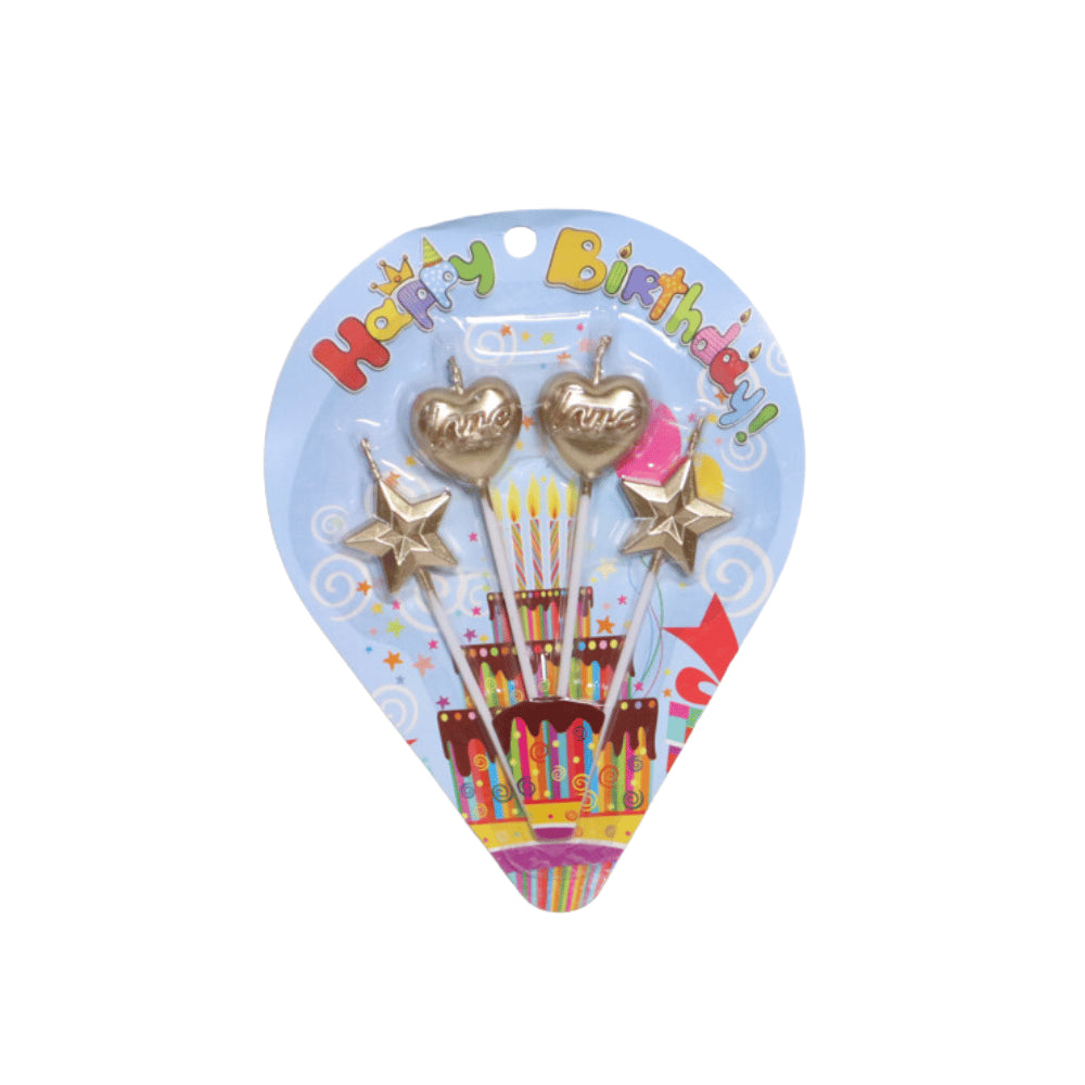 HAPPY BIRTHDAY HEART AND STAR CANDLES STICKS 4 PCS