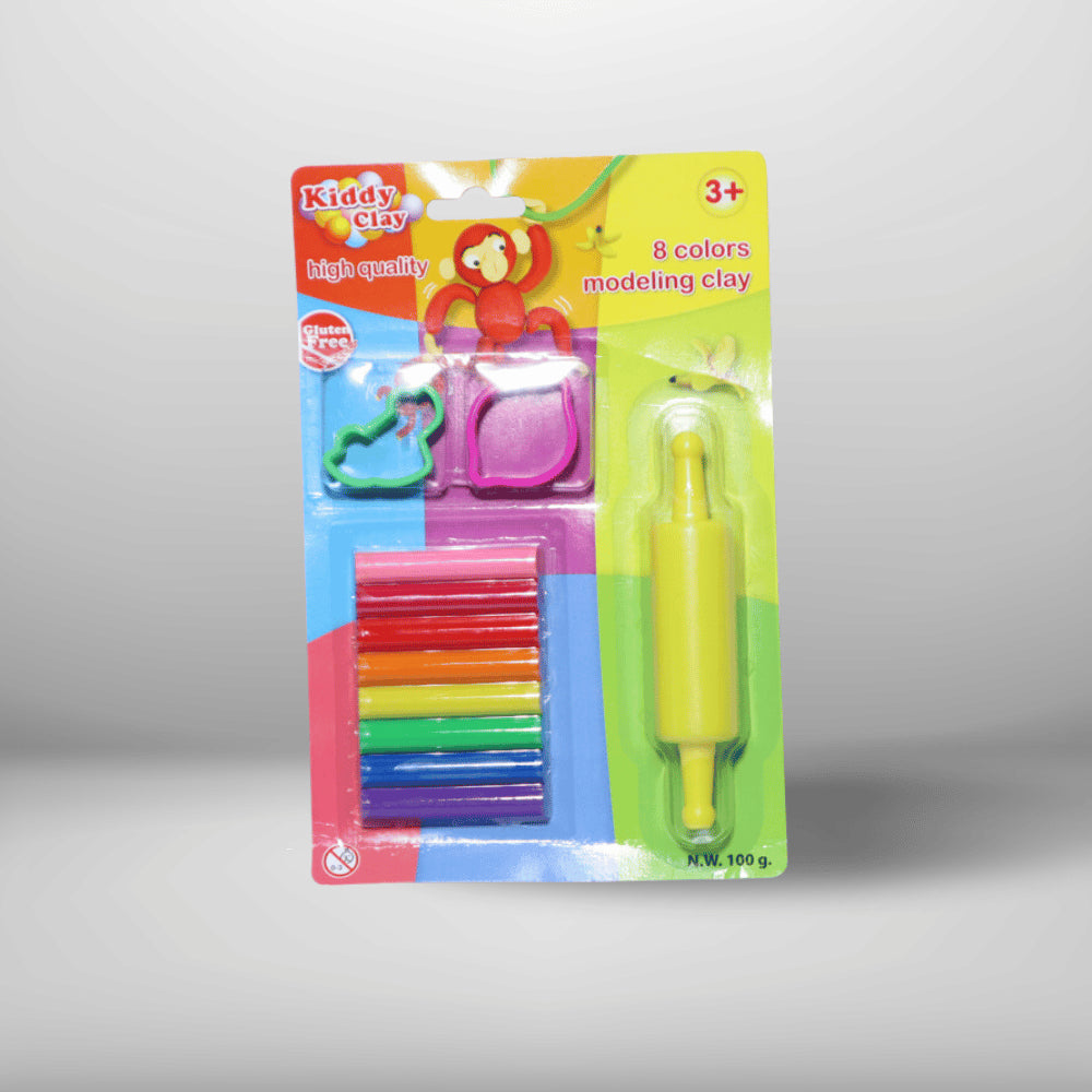 KIDDY CLAY 8 COLORS MODELING CLAY, WITH 2 MOLDS + 1 ROLLER, ST-100-8+2SM/R