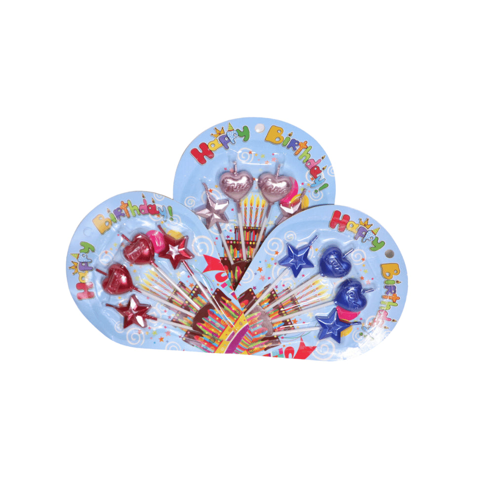 HAPPY BIRTHDAY HEART AND STAR CANDLES STICKS 4 PCS