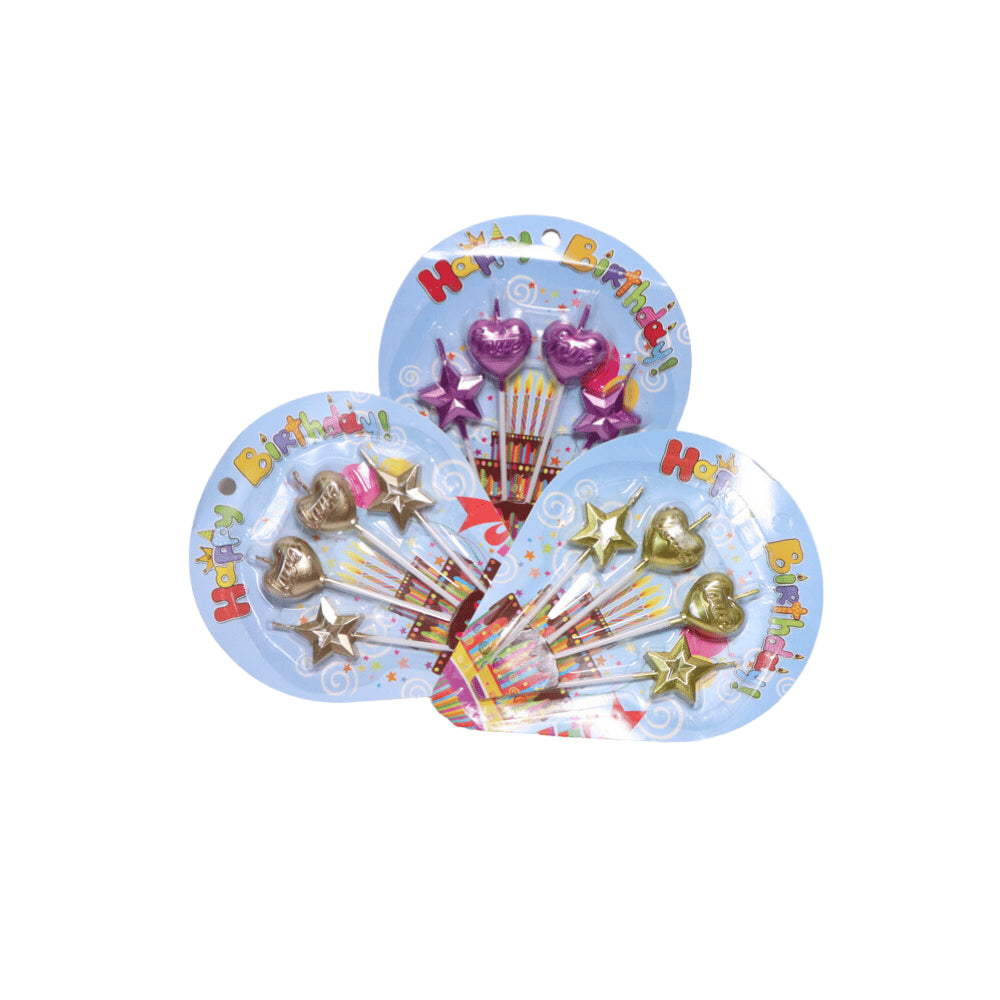HAPPY BIRTHDAY HEART AND STAR CANDLES STICKS 4 PCS