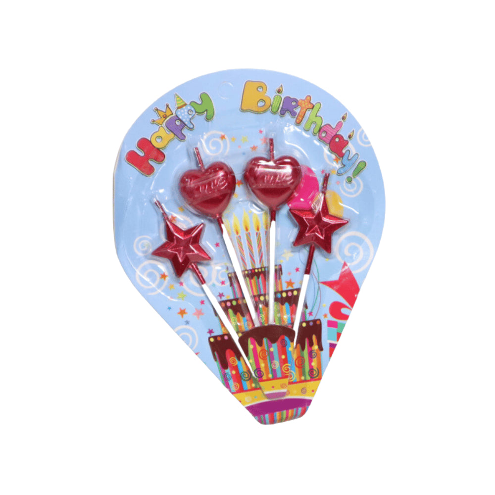 HAPPY BIRTHDAY HEART AND STAR CANDLES STICKS 4 PCS