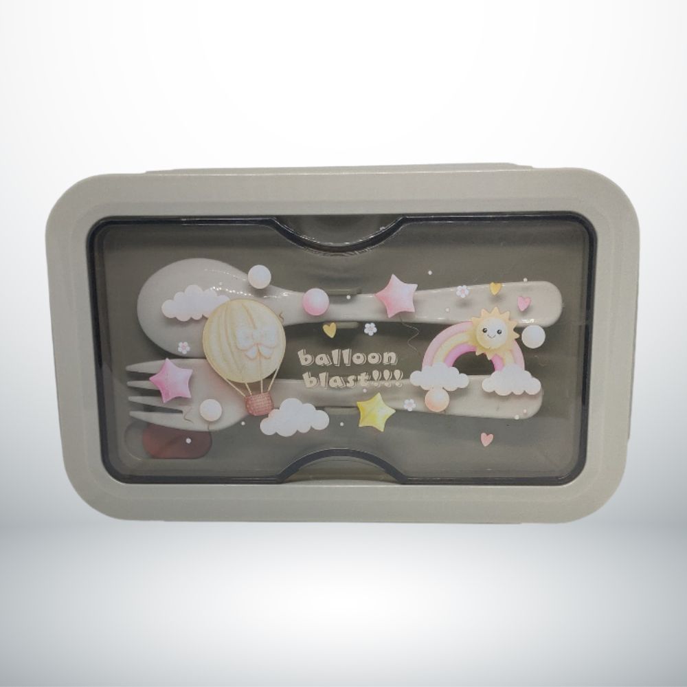 LOVELY RABBITS RECTANGLE LUNCH BOX WITH PARTITION SPOON AND FORK