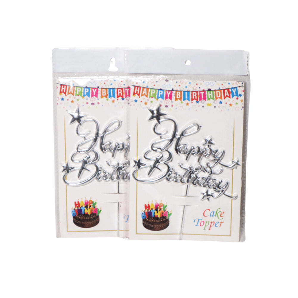 HAPPY BIRTHDAY CAKE TOPPER SILVER