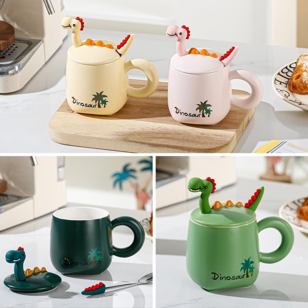 Cartoon Anime Dinosaur Ceramic Mug 500 ml with Lid and Spoon