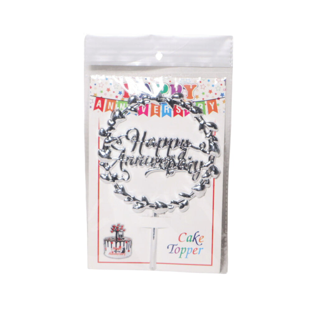 HAPPY ANNIVERSARY CAKE TOPPER SILVER