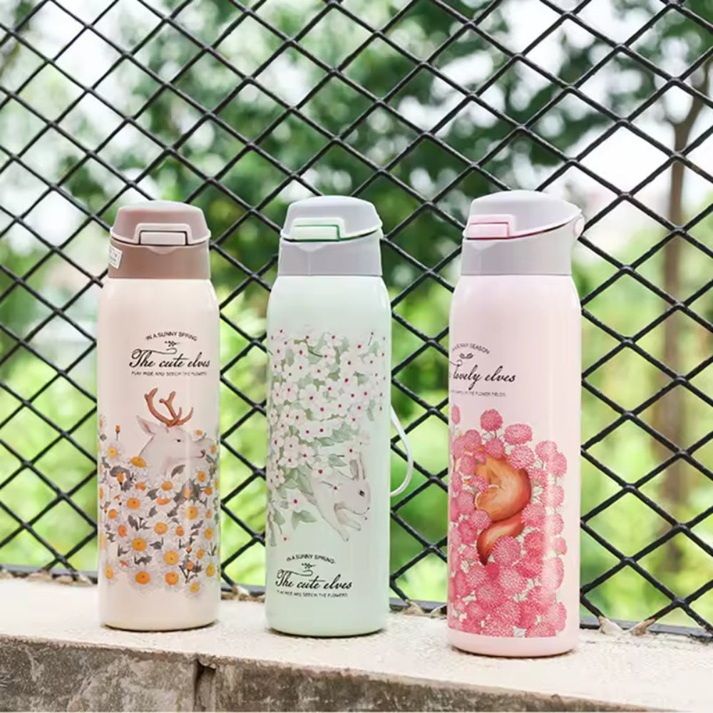 500ml Fashion Stainless Steel 304 Vacuum Flask With Straw Leak-Proof Thermal Water Bottle With Rope