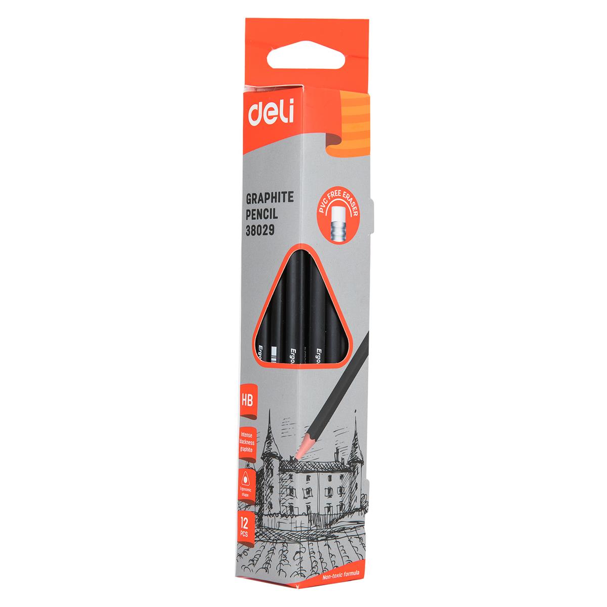 DELI GRAPHITE HB 12 LEAD PENCILS WITH ERASER BOX 38029