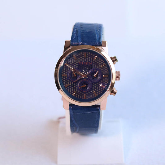 YIQIN WRIST WATCH GOLDEN DOTED DIAL WITH BLUE LEATHER STRAP