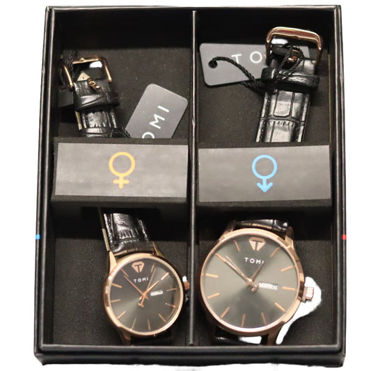 TOMI BROWN DIAL COUPLE WRIST WATCH LEATHER STRAP