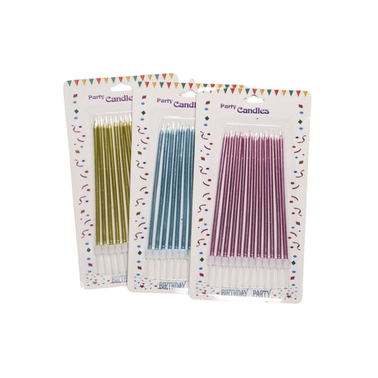 HAPPY BIRTHDAY SLIM LONG METALLIC CANDLES 12 PCS