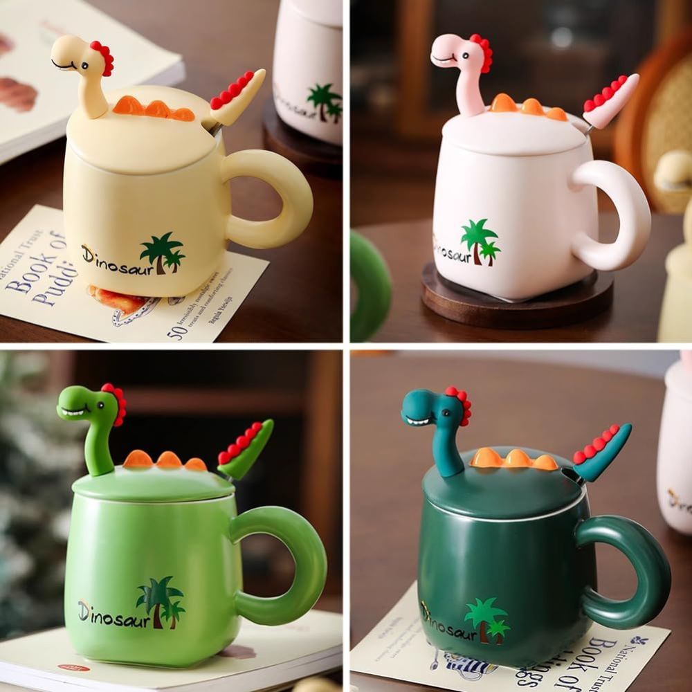 Cartoon Anime Dinosaur Ceramic Mug 500 ml with Lid and Spoon