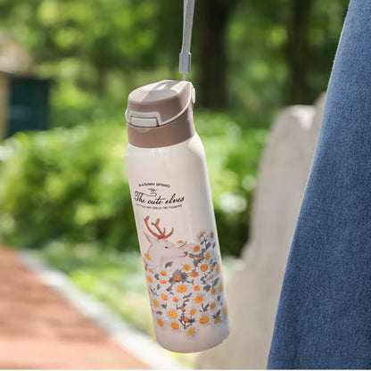 500ml Fashion Stainless Steel 304 Vacuum Flask With Straw Leak-Proof Thermal Water Bottle With Rope