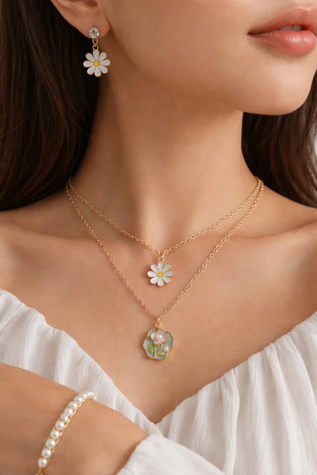 Vintage Bloom 3-in-1 Jewellery Set – Floral Resin Pendant, Layered Necklace, Earrings & Bracelet