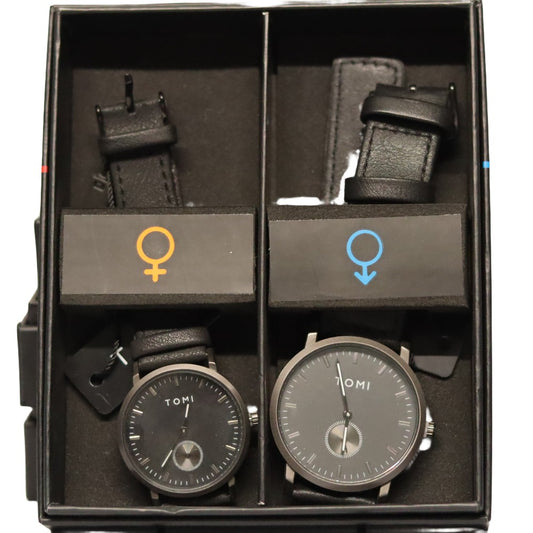 TOMI BLACK DUAL DIAL COUPLE WRIST WATCH BLACK LEATHER STRAP