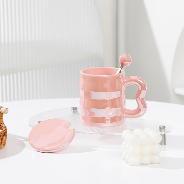 Pearl Glazed Ceramic Mug With Lid and Spoon 350 ml