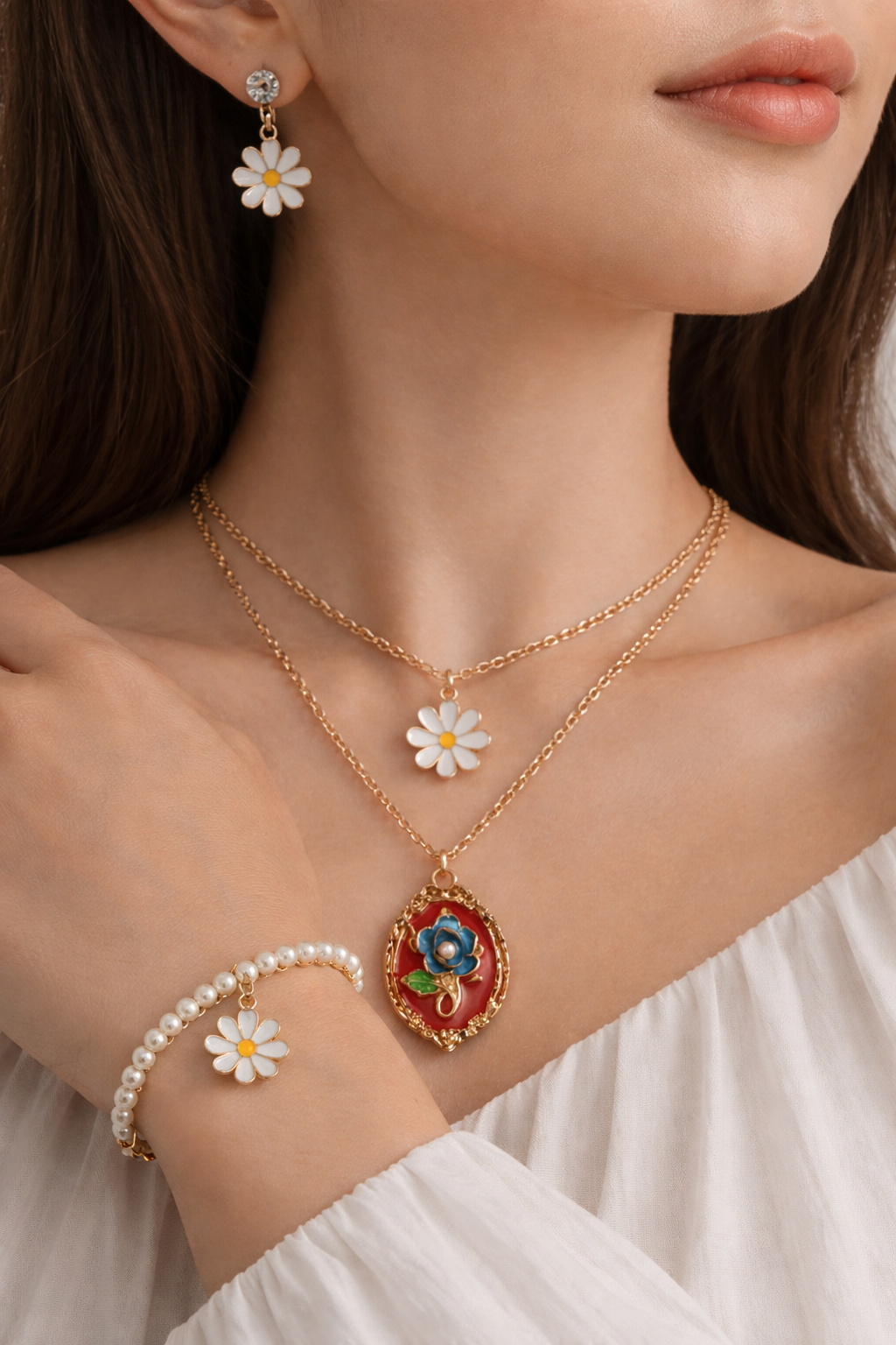 Vintage Bloom 3-in-1 Jewellery Set – Floral Resin Pendant, Layered Necklace, Earrings & Bracelet