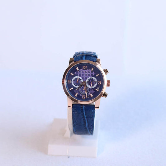 YIQIN WRIST WATCH GOLDEN DIAL WITH BLUE LEATHER STRAP