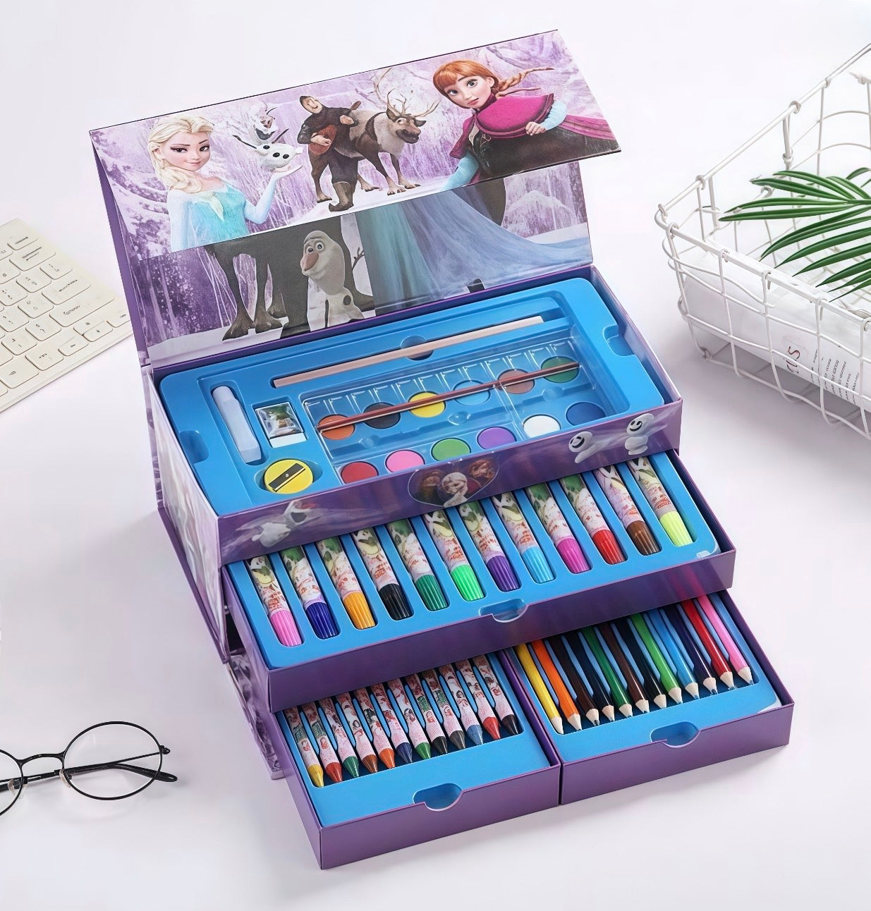 Box Style Coloring Kit Set 62 Pcs– Art & Craft Box with Markers, Crayons, Paints & Stationery