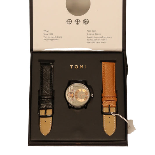 TOMI WHITE & BROWN WITH LINING DIAL MACHINERY DIAL WRIST WATCH WITH 2 LEATHER STRAPS