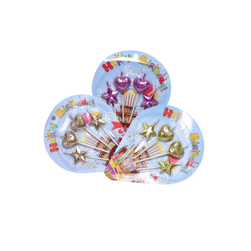 HAPPY BIRTHDAY HEART AND STAR CANDLES STICKS 4 PCS