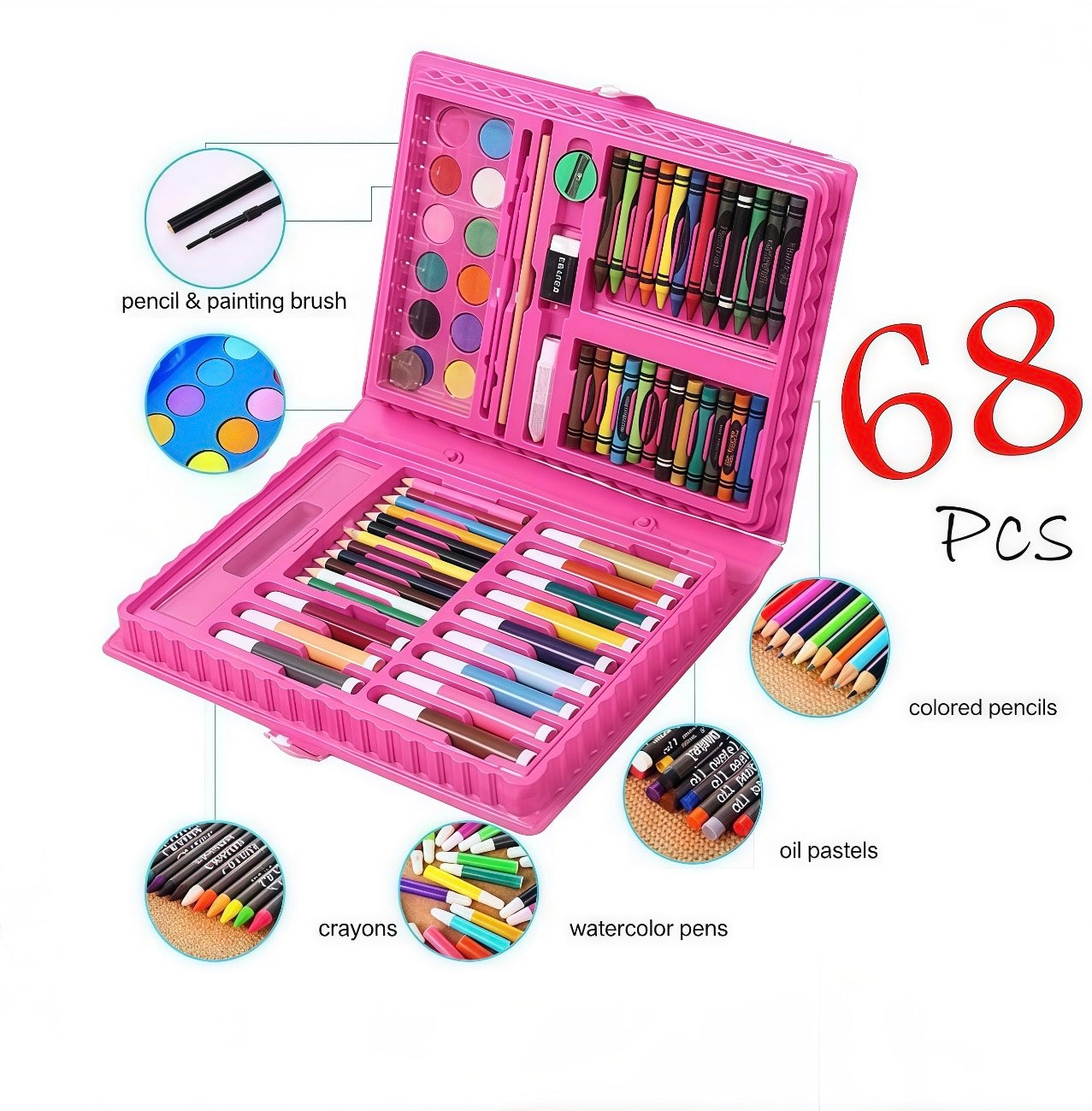 Kids Premium Coloring Kit Set 68 Pcs – Art & Craft Box with Markers, Crayons, Paints & Stationery