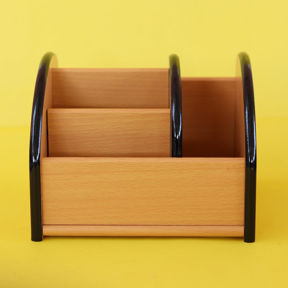 LIGHT BROWN WOODEN PEN STAND WITH BLACK FINISHING