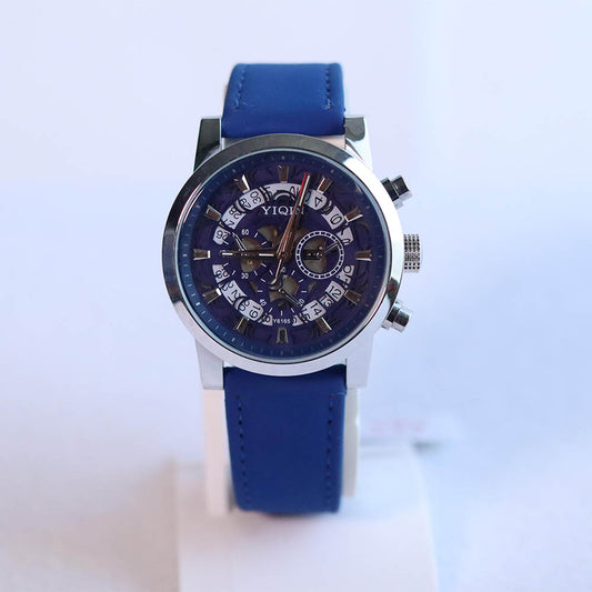 YIQIN WRIST WATCH SILVER DIAL WITH DARK BLUE LEATHER STRAP
