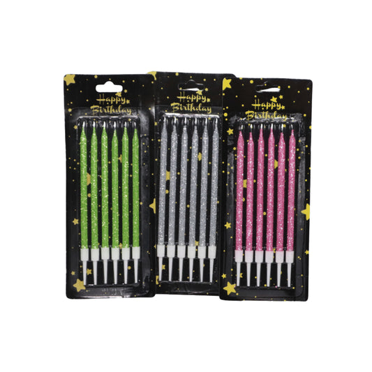 HAPPY BIRTHDAY GLITTER SLIM LARGE CANDLE 6 PCS