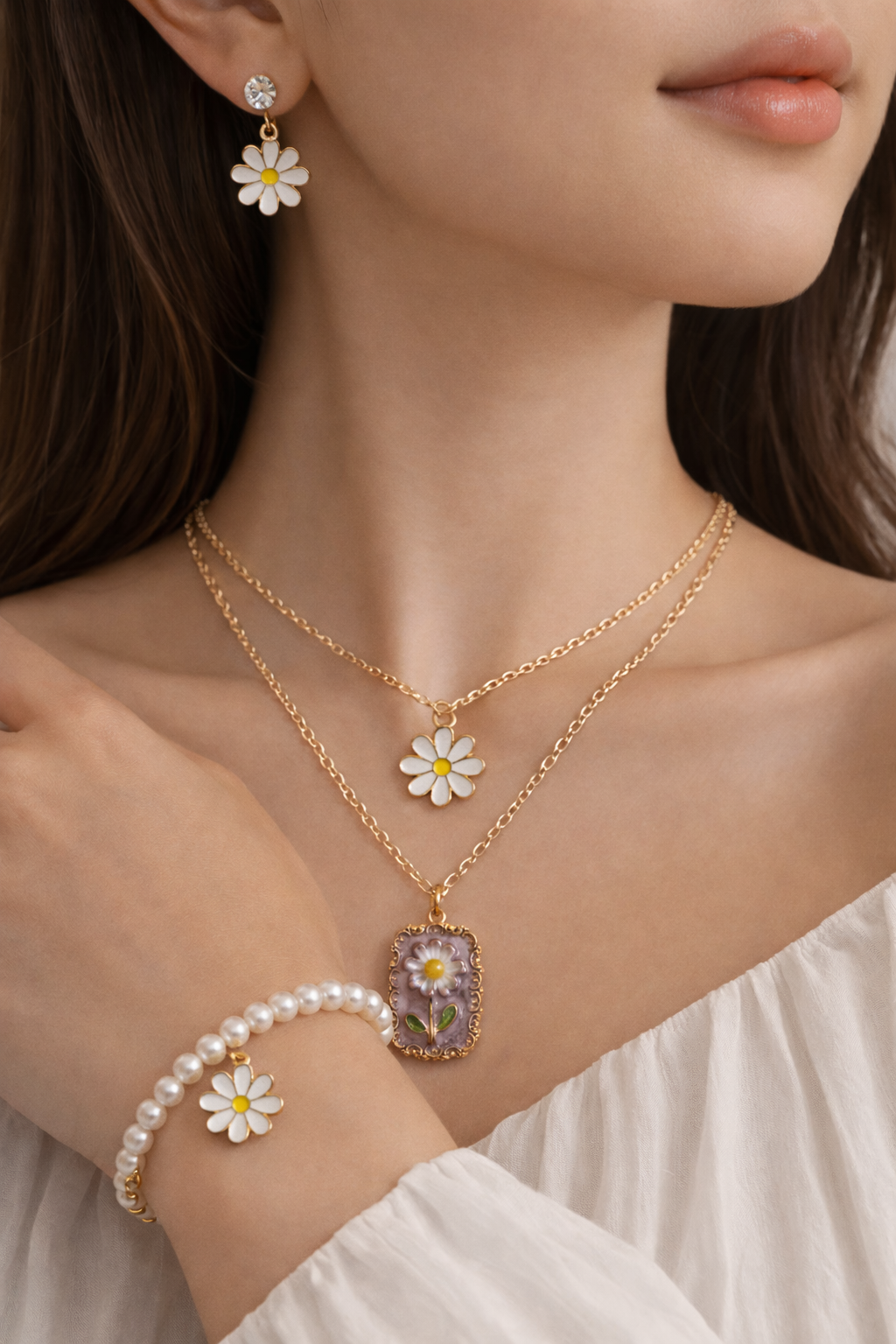 Vintage Bloom 3-in-1 Jewellery Set – Floral Resin Pendant, Layered Necklace, Earrings & Bracelet