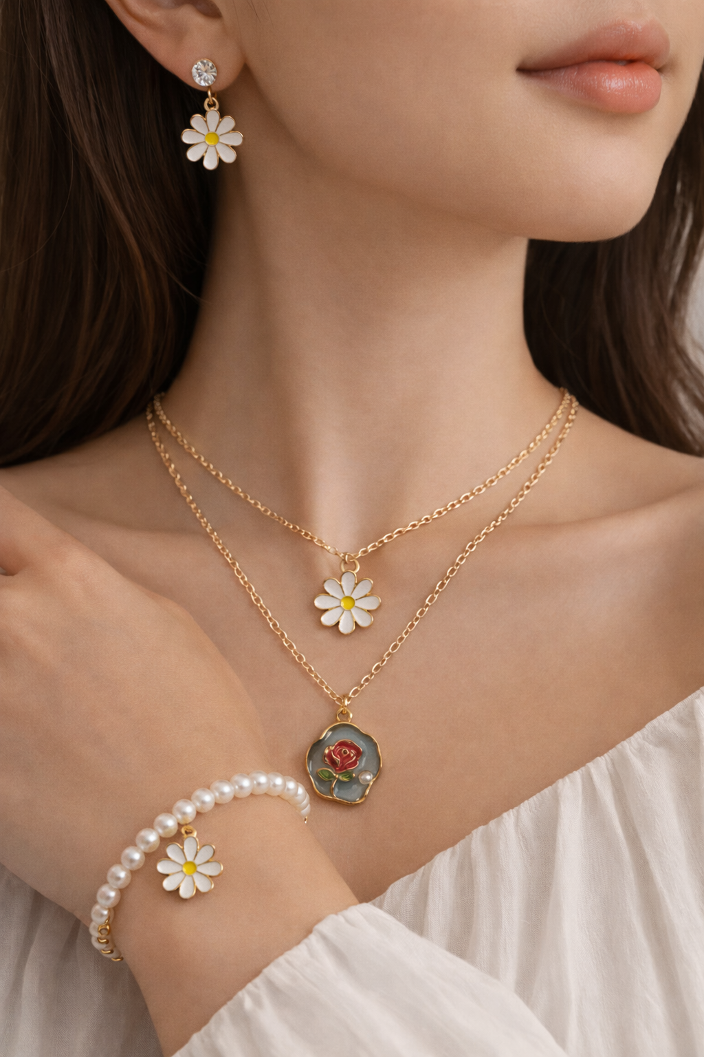 Vintage Bloom 3-in-1 Jewellery Set – Floral Resin Pendant, Layered Necklace, Earrings & Bracelet