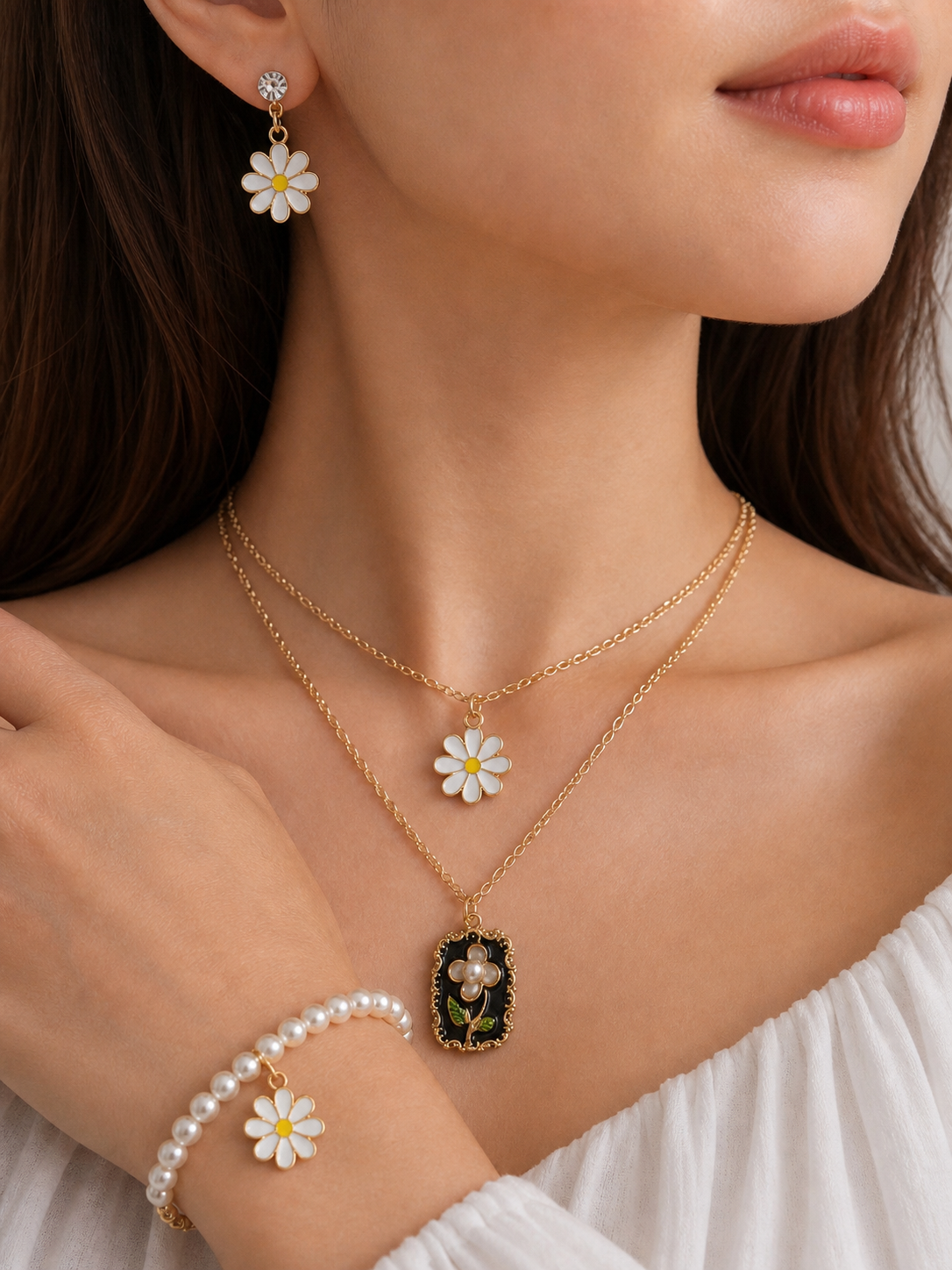 Vintage Bloom 3-in-1 Jewellery Set – Floral Resin Pendant, Layered Necklace, Earrings & Bracelet