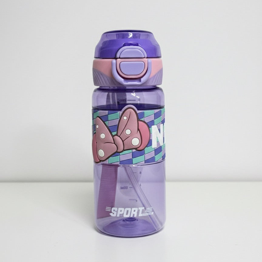 Purple Kids Sports Water Bottle with Cute Bow Design – Leakproof & Portable