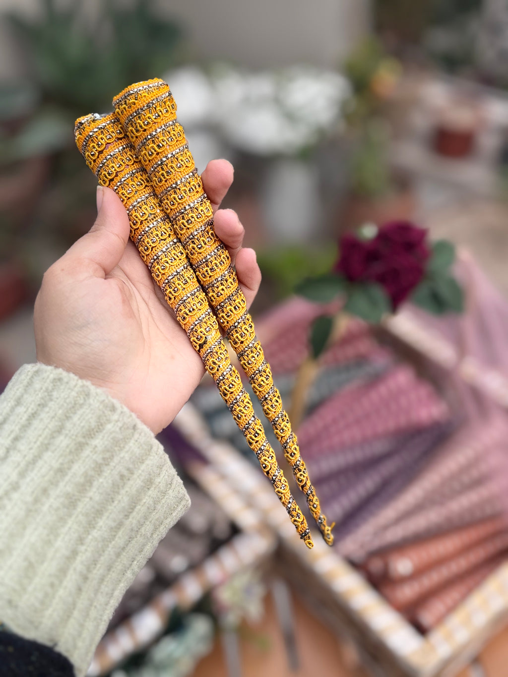 Handmade Embellished Mehndi Cones – Luxury Lace Wrapped Henna Cones