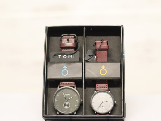 TOMI BLACK DUAL DIAL COUPLE WRIST WATCH MAROON LEATHER STRAP